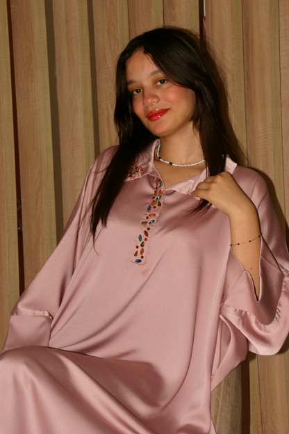 Caftan Gandoura rose avec perles