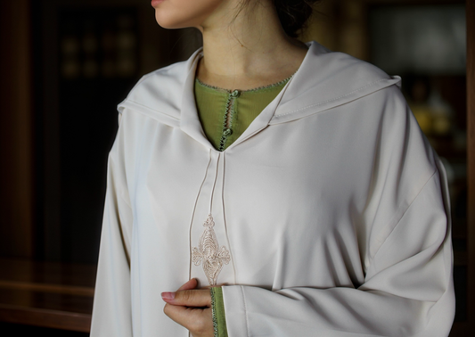 Jellaba beige et verte en 2 pièces : caftan et djellaba